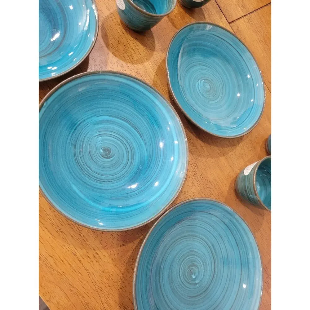 Pier 1 Japan Pottery‎ Dish Set Blue Crackle Glaze Plates Cups 4pc Set